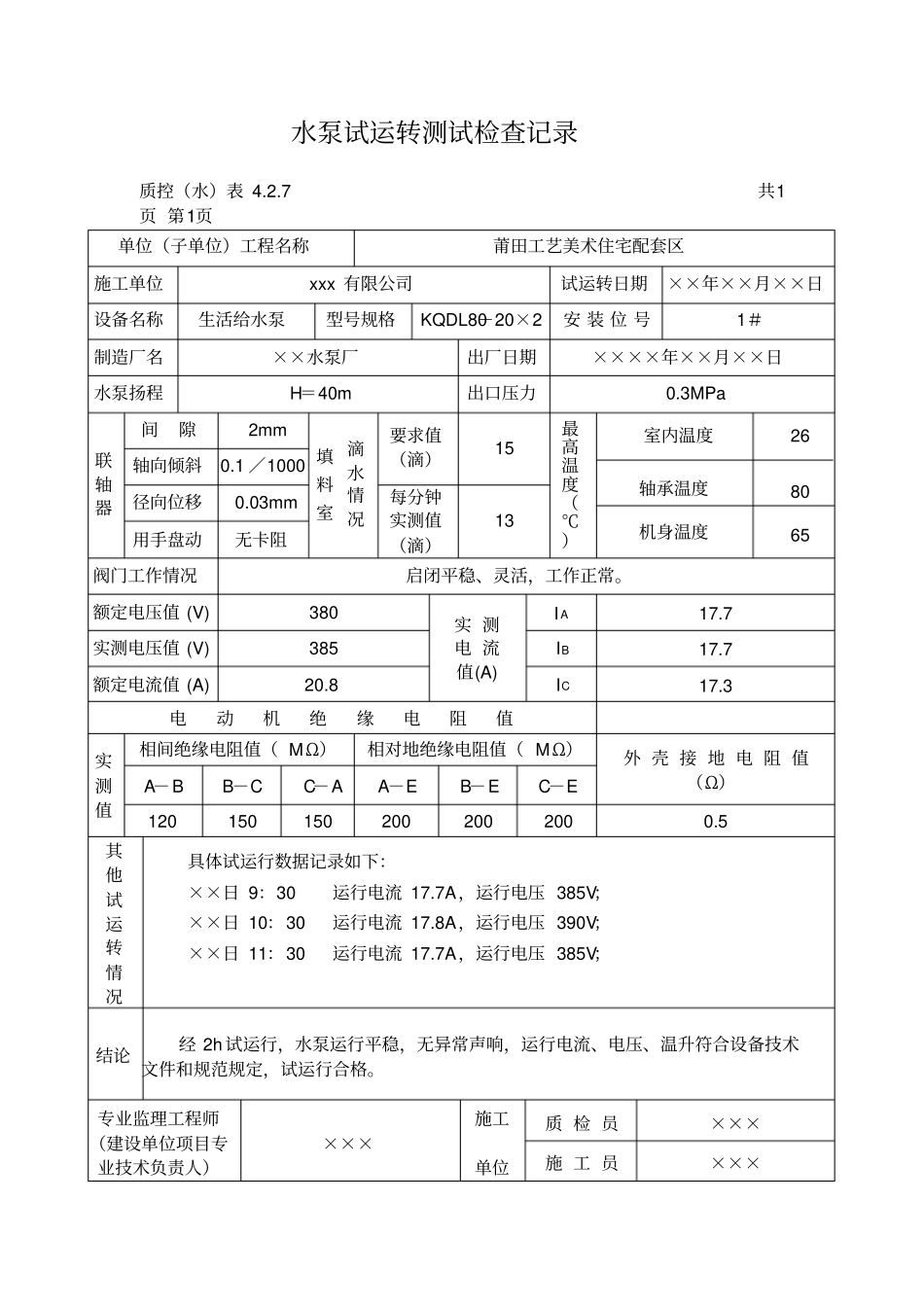 水泵试运转测试检查记录_第1页