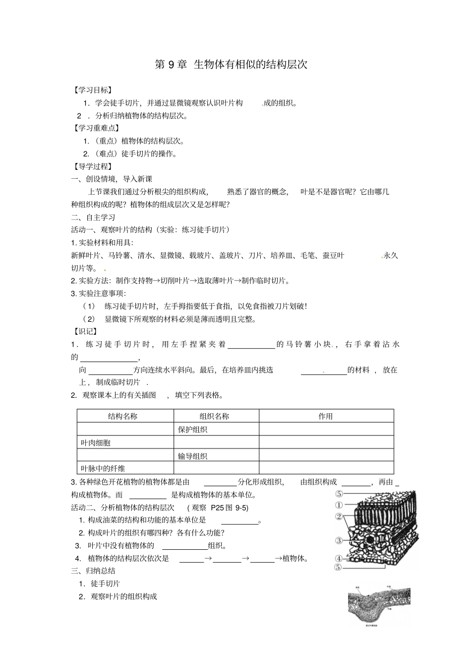 江苏七年级生物下册生物体有相似的结构层次学案2无解答新版苏科版_第1页