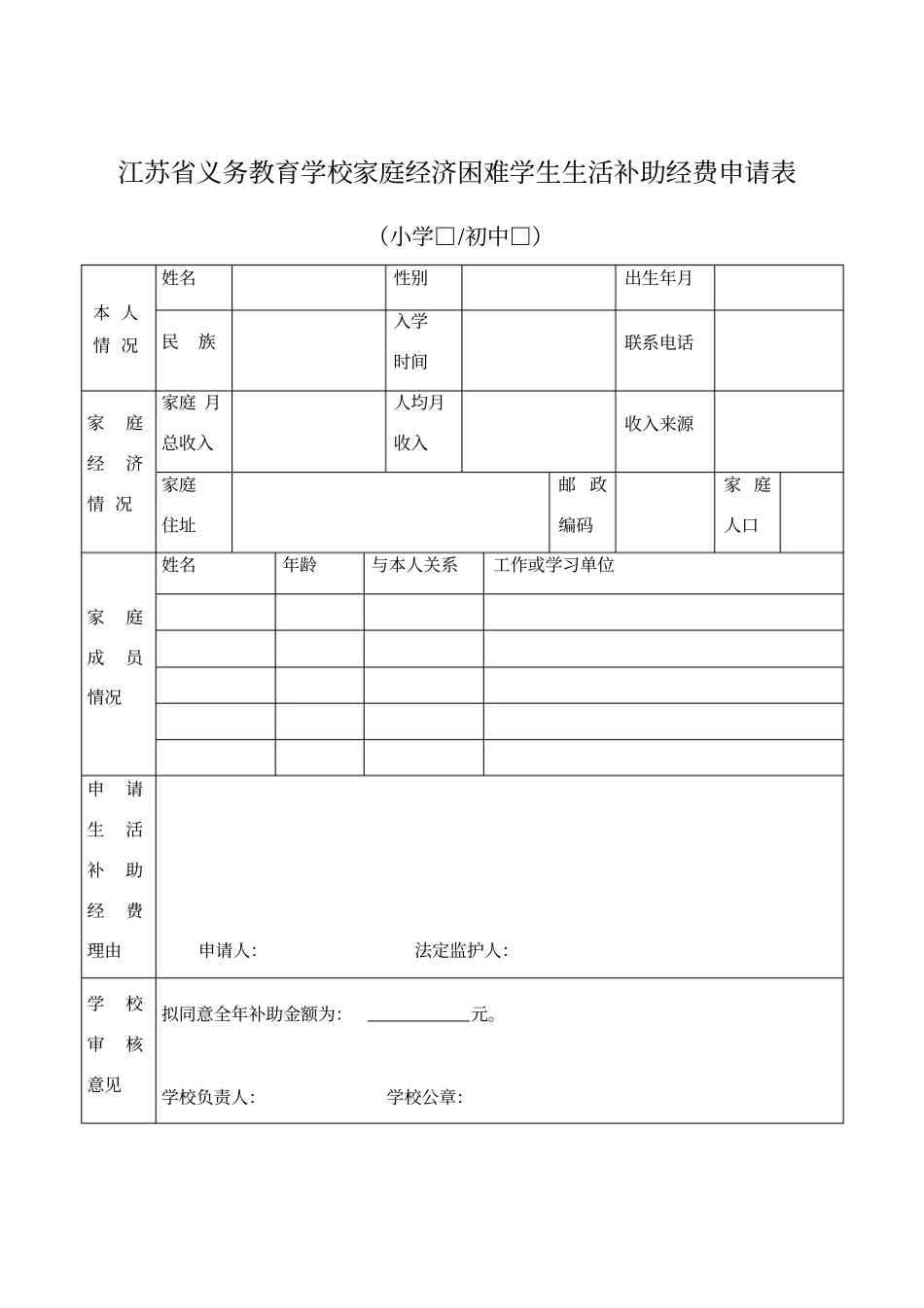 江苏义务教育学校家庭经济困难学生生活补助经费申请表_第1页