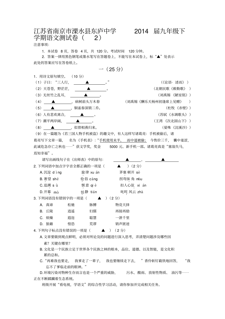 江苏南京溧水东庐中学2014届九年级下学期语文测试卷_第1页