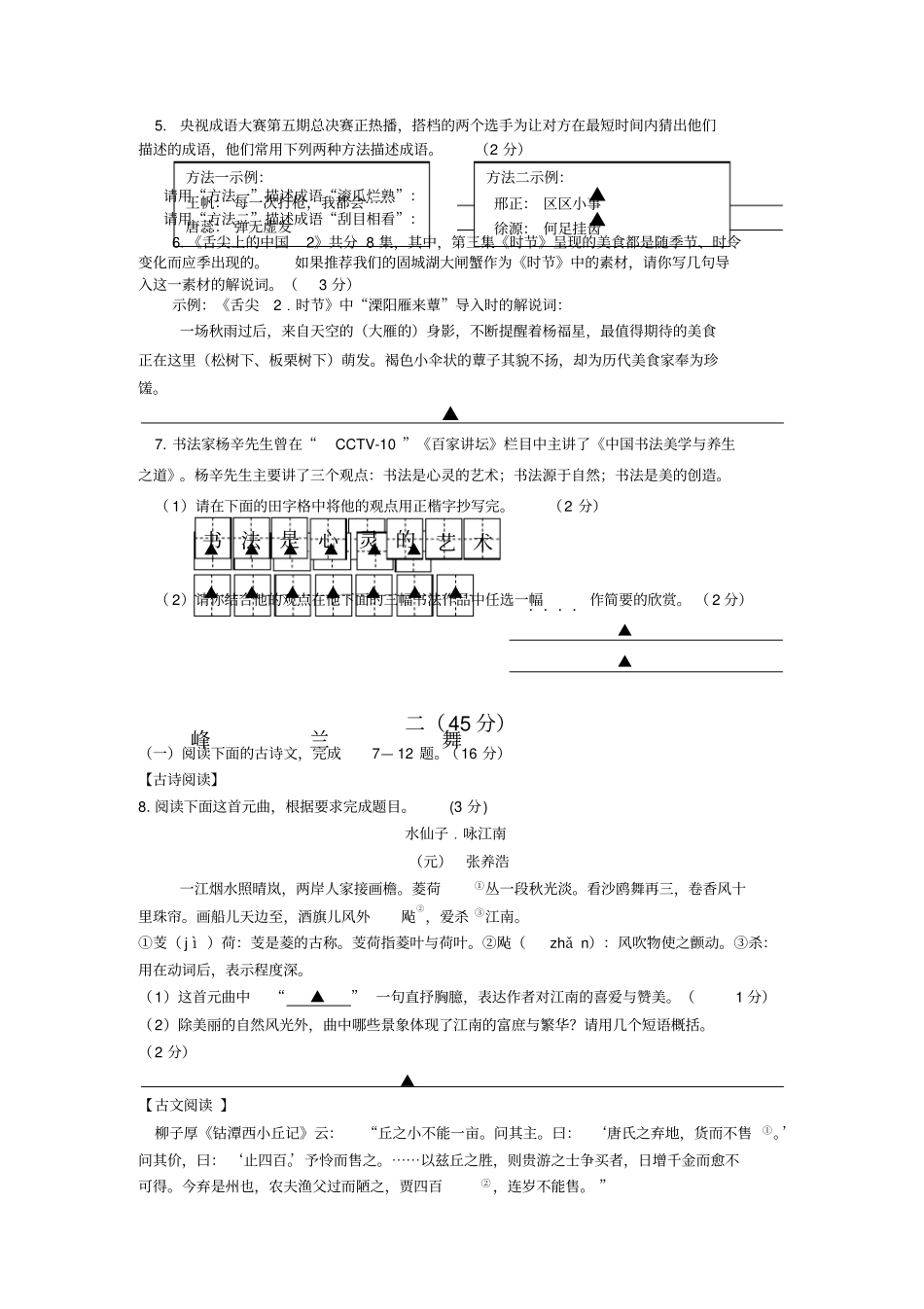 江苏南京溧水东庐中学2014届九年级下学期语文测试卷_第2页