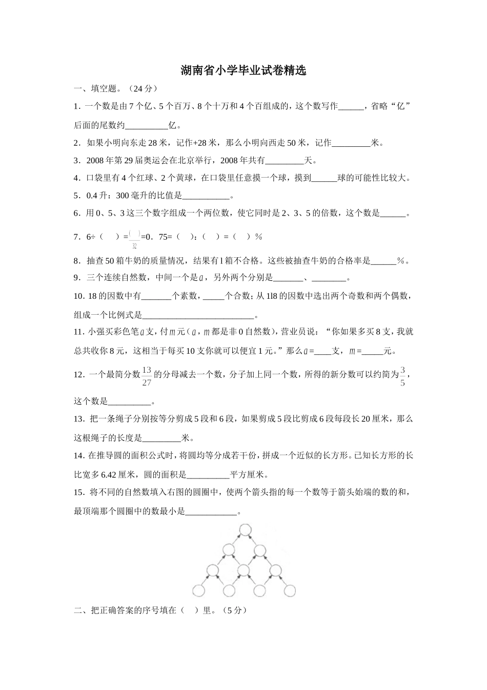 湖南省小学毕业试卷精选--小学数学试_第1页