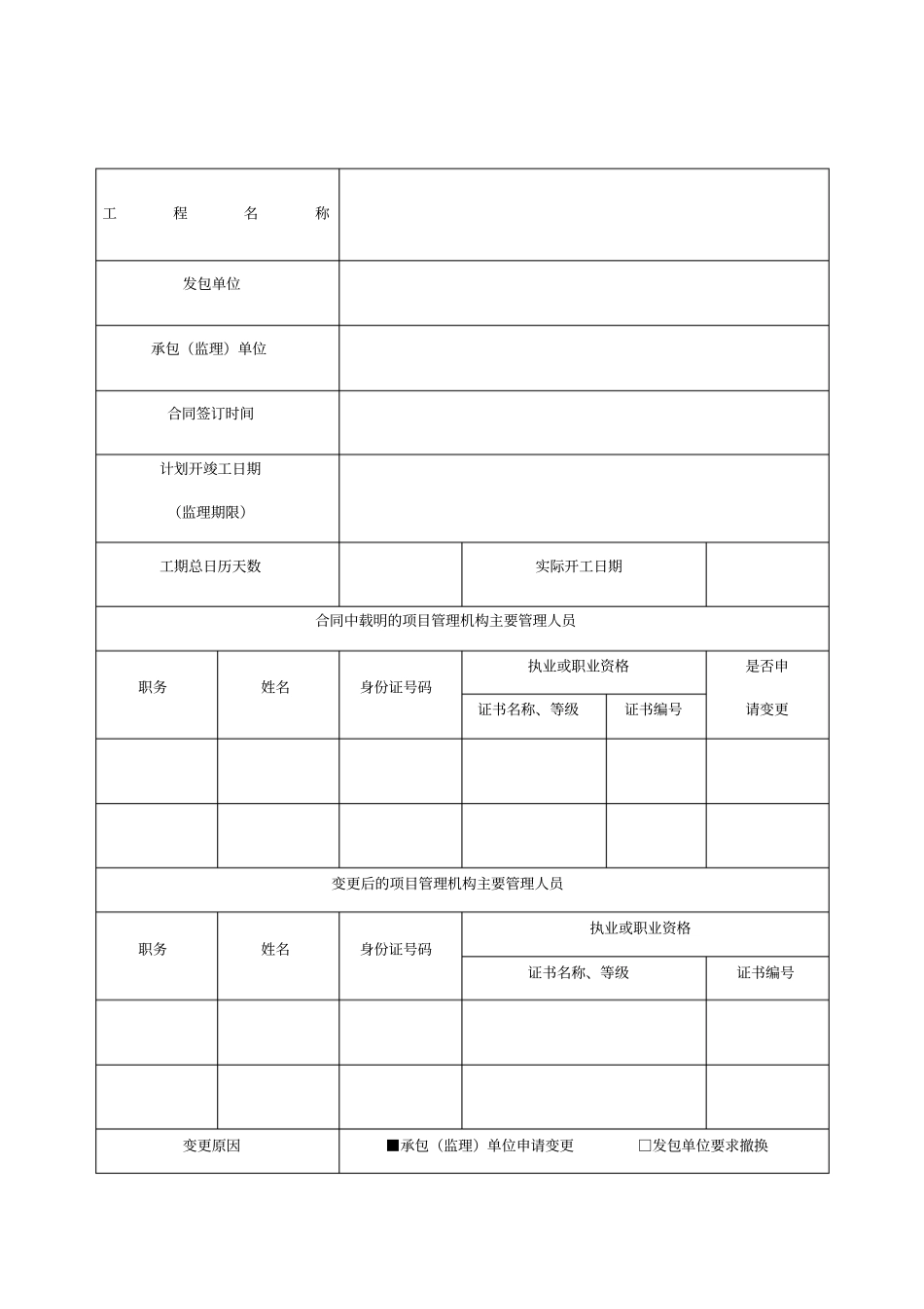 江苏建设工程施工主要管理人员变更申请表共享_第1页