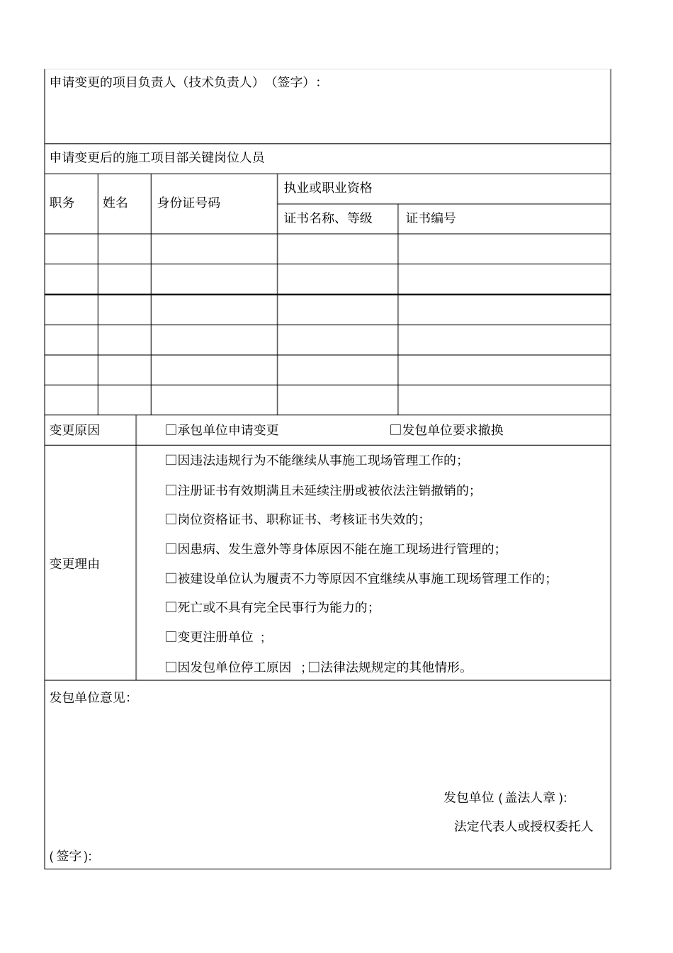 江苏建设工程施工项目部关键岗位人员变更申请表_第2页