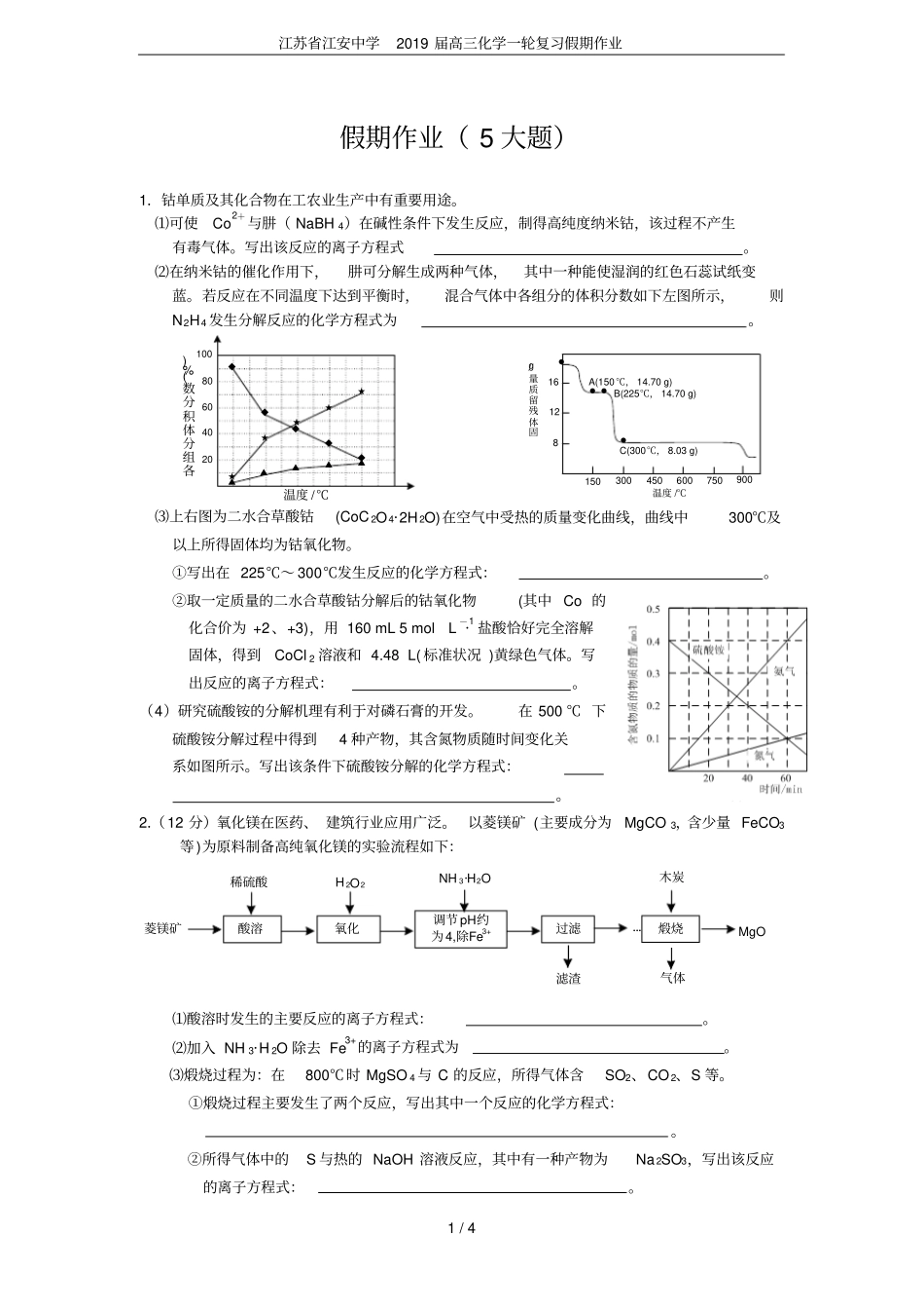 江苏江安中学2019届高三化学一轮复习假期作业_第1页