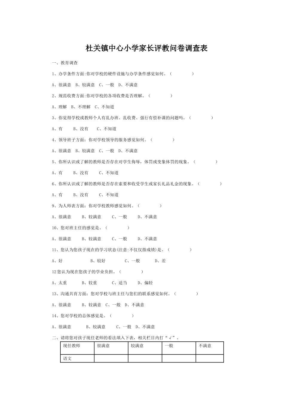 学校家长评教问卷调查表_第1页