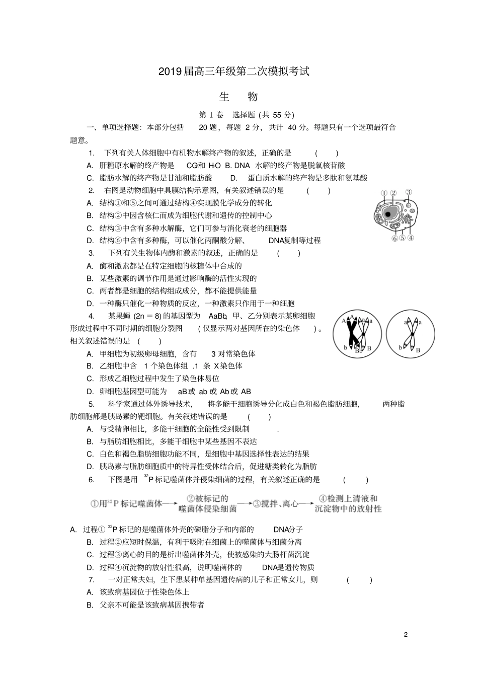 江苏泰州南通扬州苏北四七2019届高三生物第二次模拟考试试题_第2页