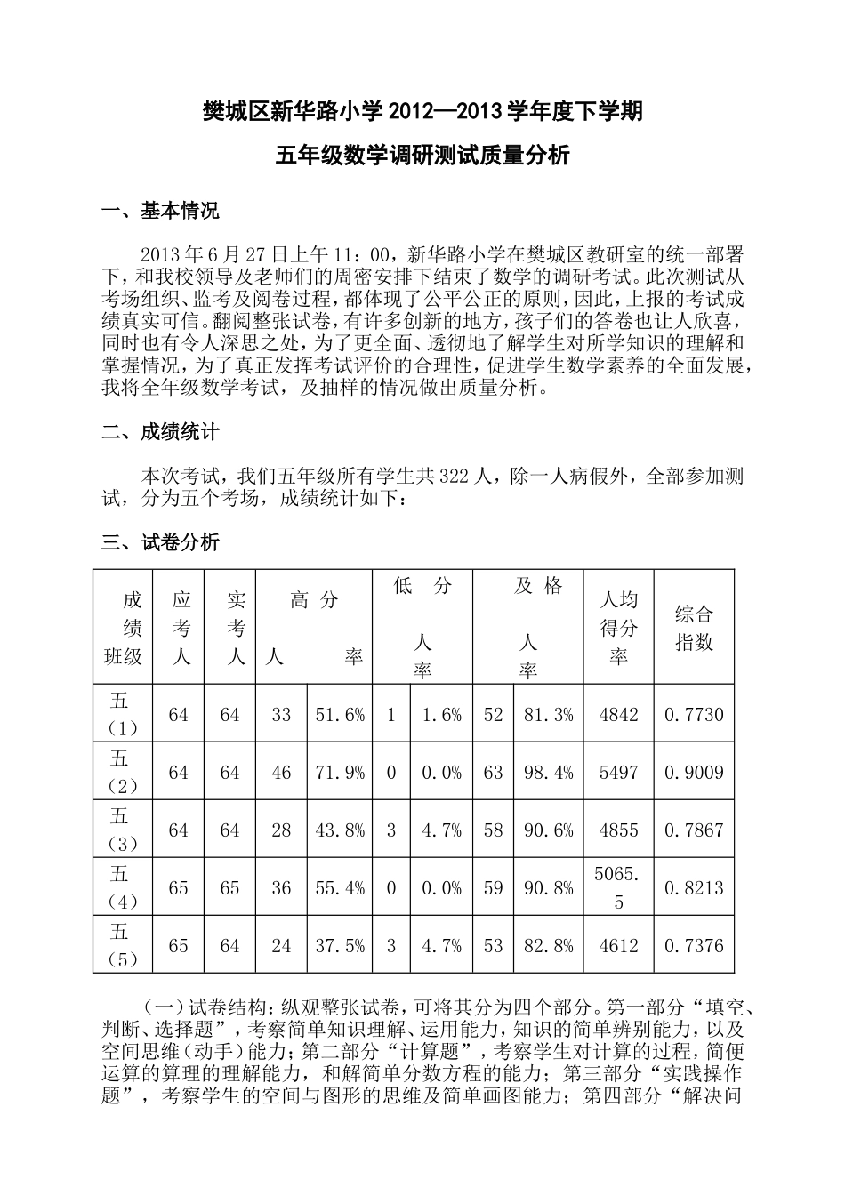五年级2013下学期数学质量分析熊芮_第1页