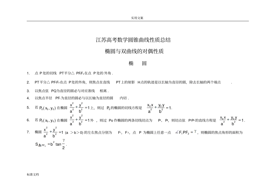 江苏高考数学圆锥曲线性质总结材料_第1页
