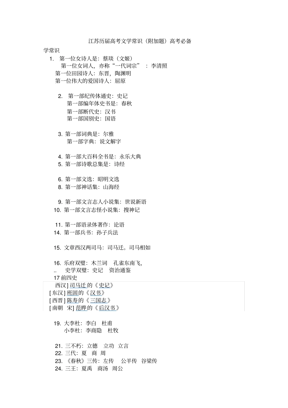 江苏高考语文文学常识附加题部分高考必备_第1页
