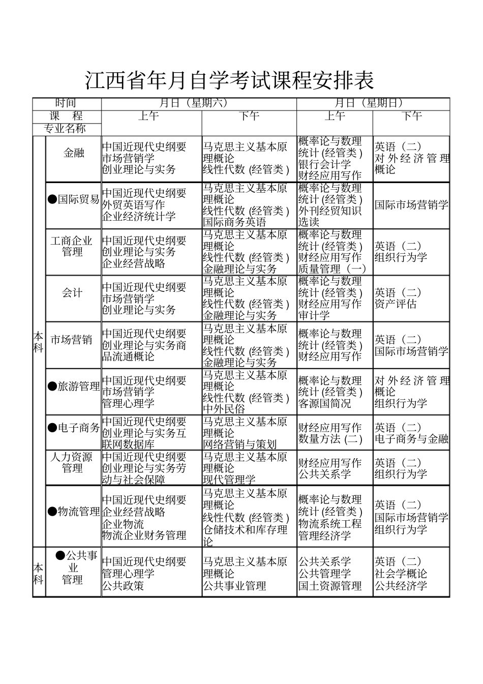 江西2018年4月自学考试课程安排表_第1页