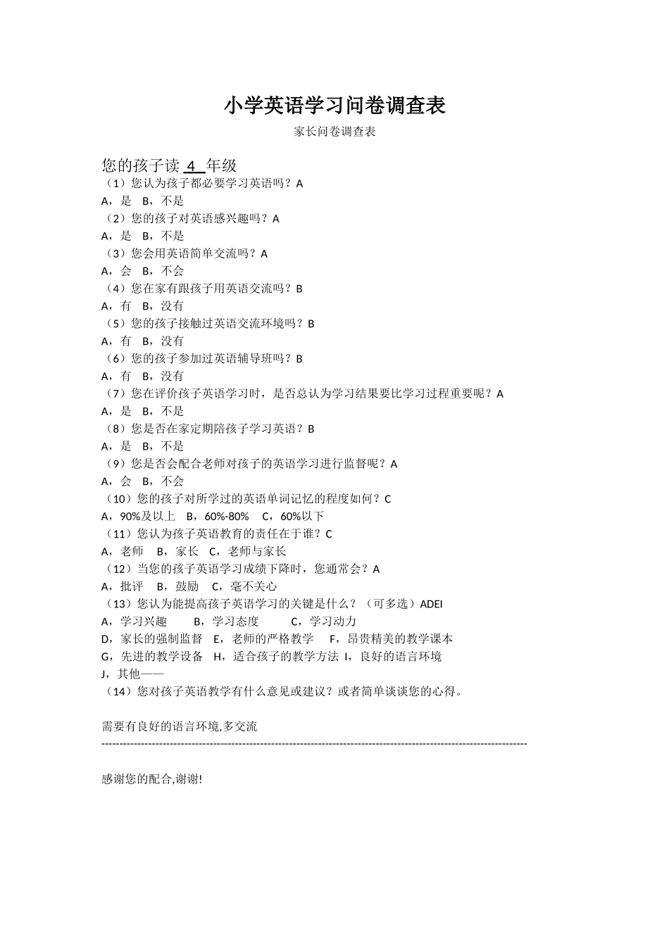 小学英语学习问卷调查表 (2)_第1页