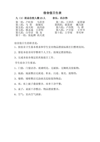 九一男宿舍值日生表