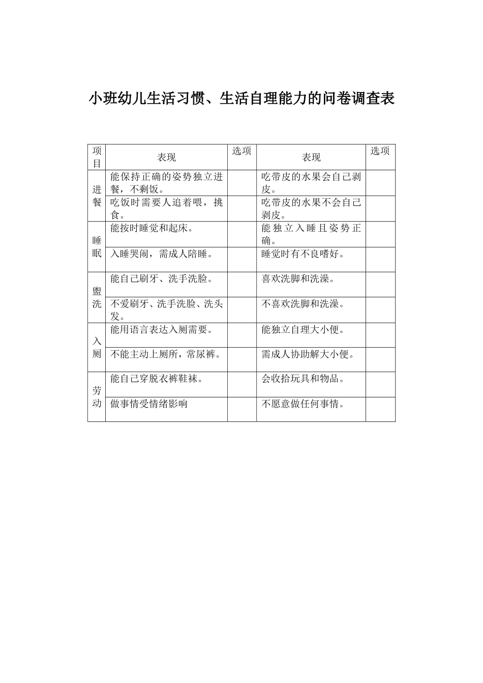 小班幼儿生活自理能力调查表_第1页