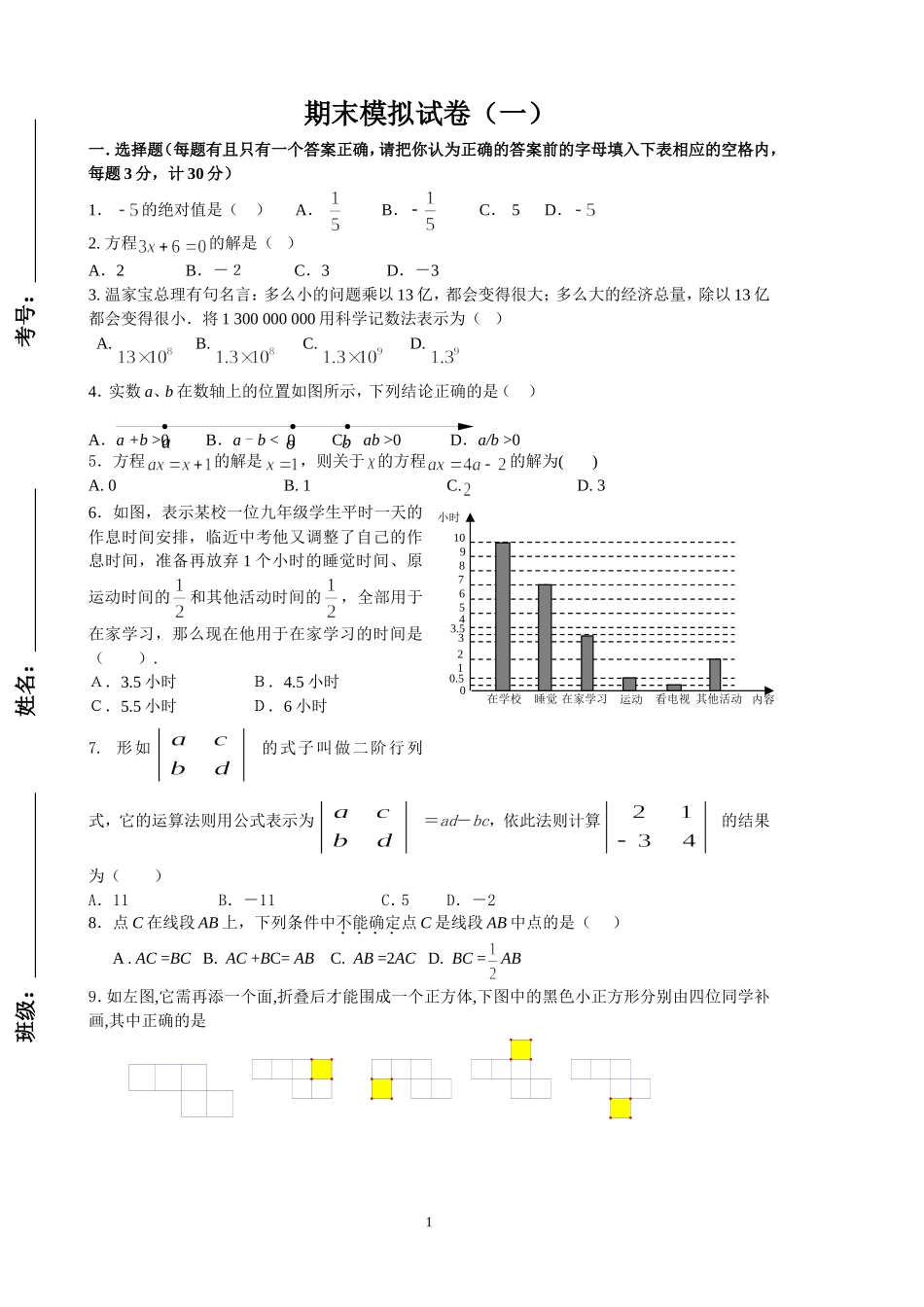 沪科版七年级上学期期末模拟试卷_第1页