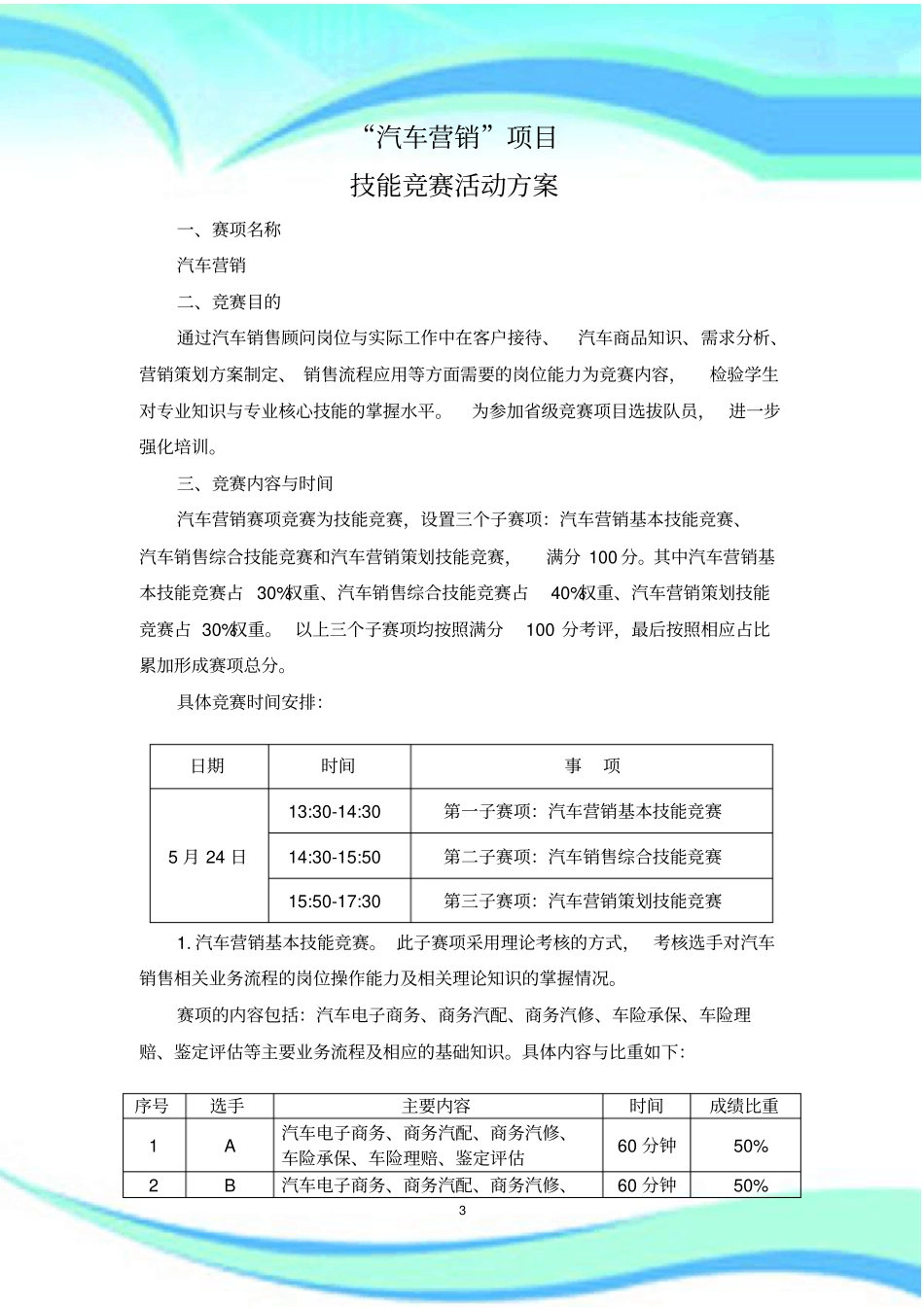 汽车营销项目技能竞赛活动实施方案_第3页
