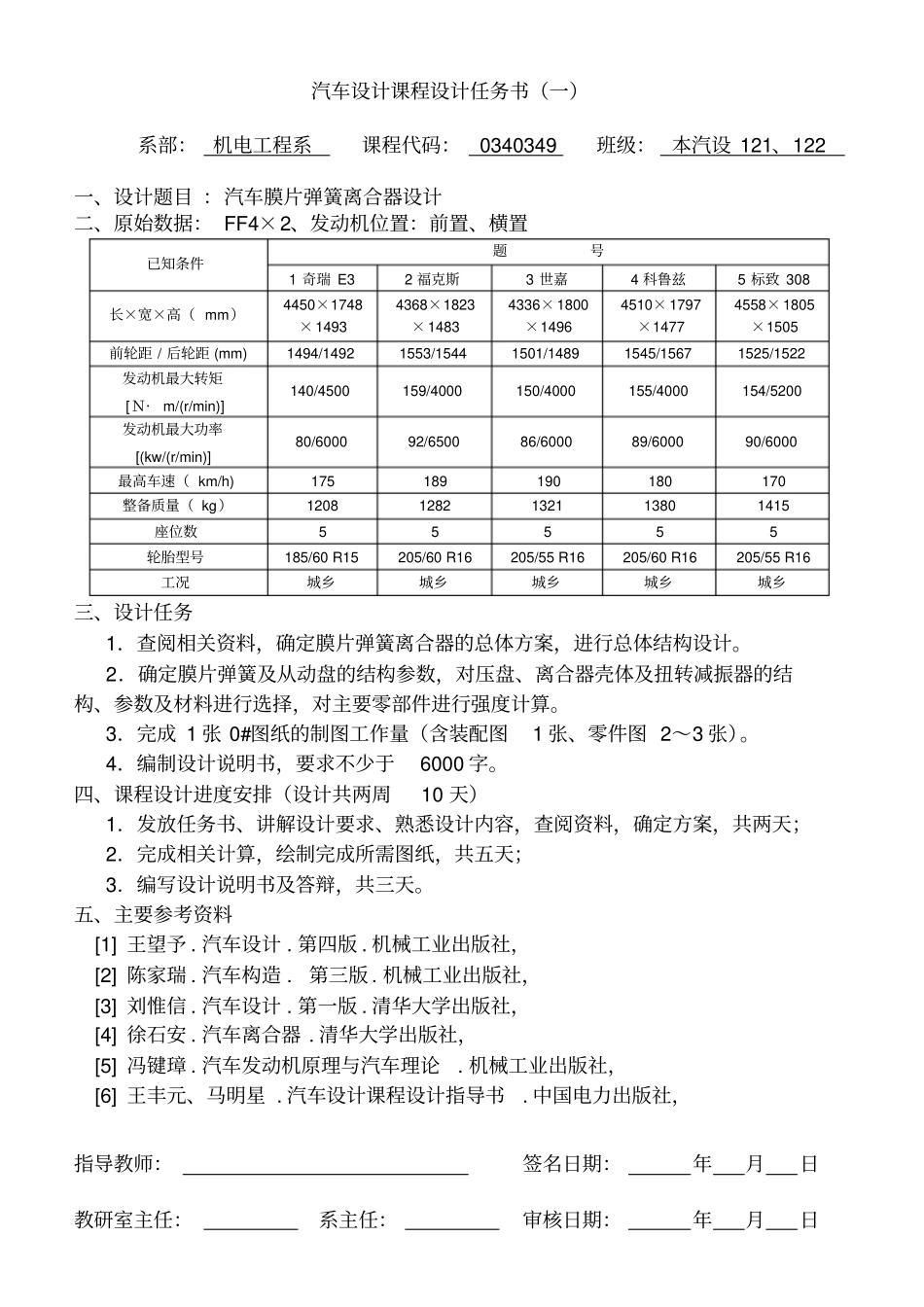 汽车课程设计任务书组汽设级_第1页