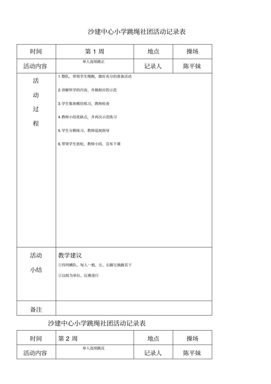 沙建中心小学炫跳花样跳绳社团活动记录表_第1页