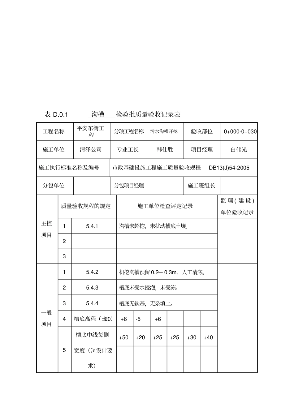 沟槽检验批质量验收记录表_第1页