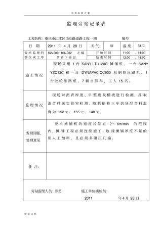 沥青砼旁站监理的记录簿表