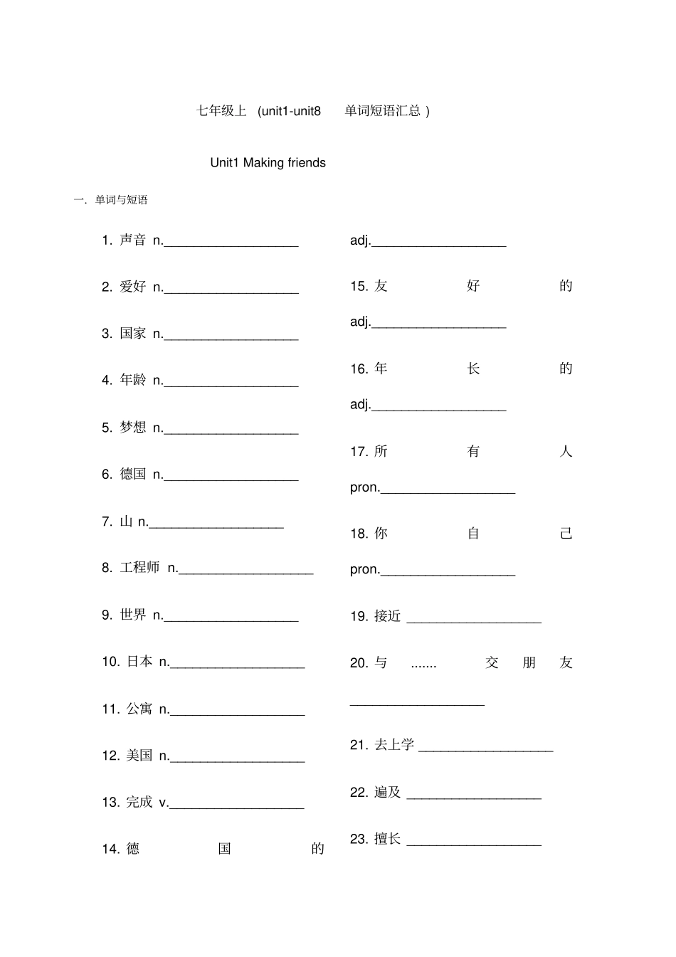 沪教牛津版七年级上英语单词拼写完成句子专练七年级上单词_第1页