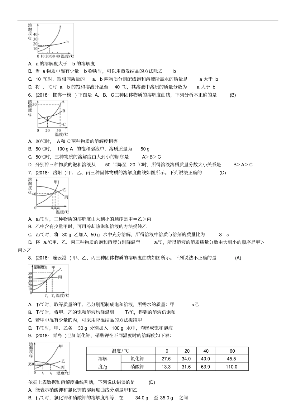 河北专版2019年中考化学复习滚动小专题一溶解度曲线及其应用练习_第2页