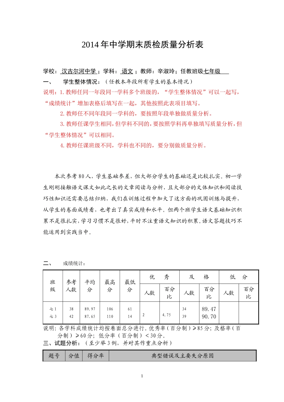 七年语文质量分析辛淑玲_第1页