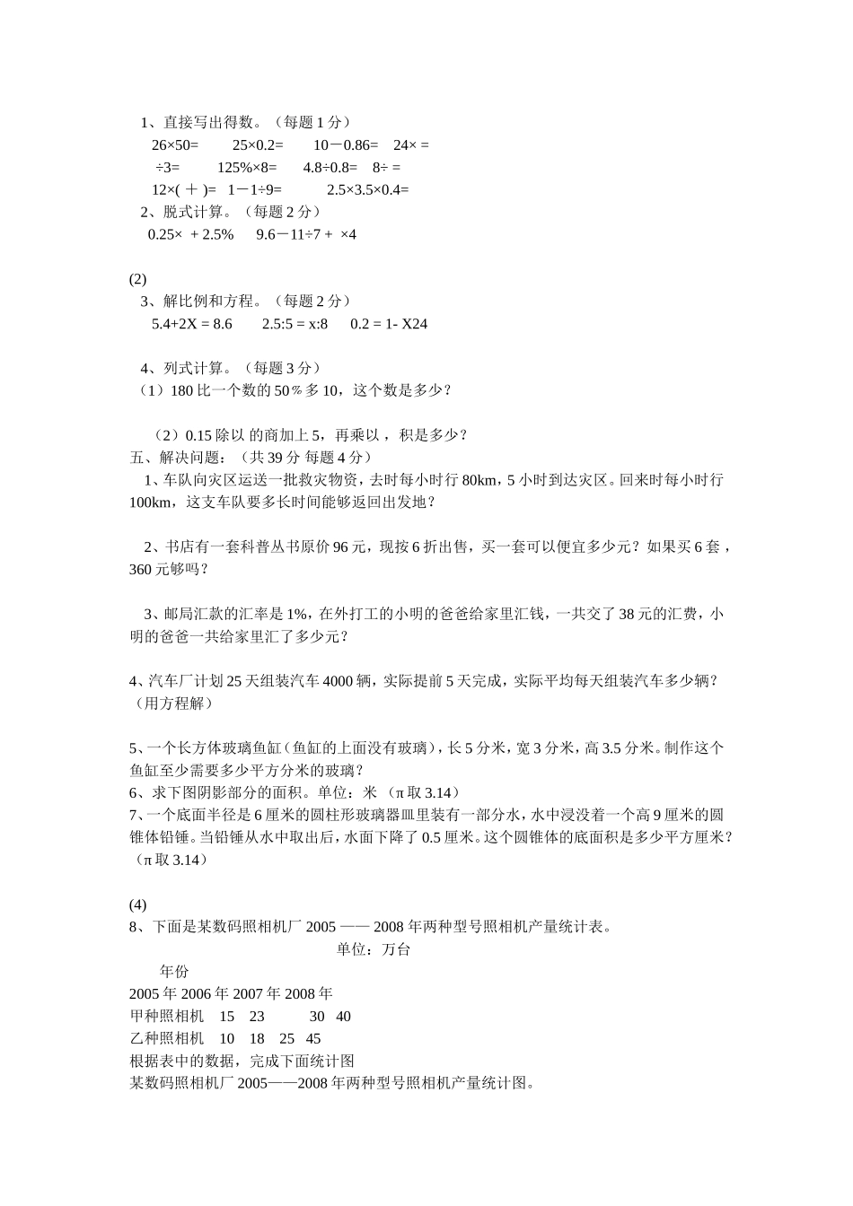 小学六年级数学毕业模拟试题_第2页