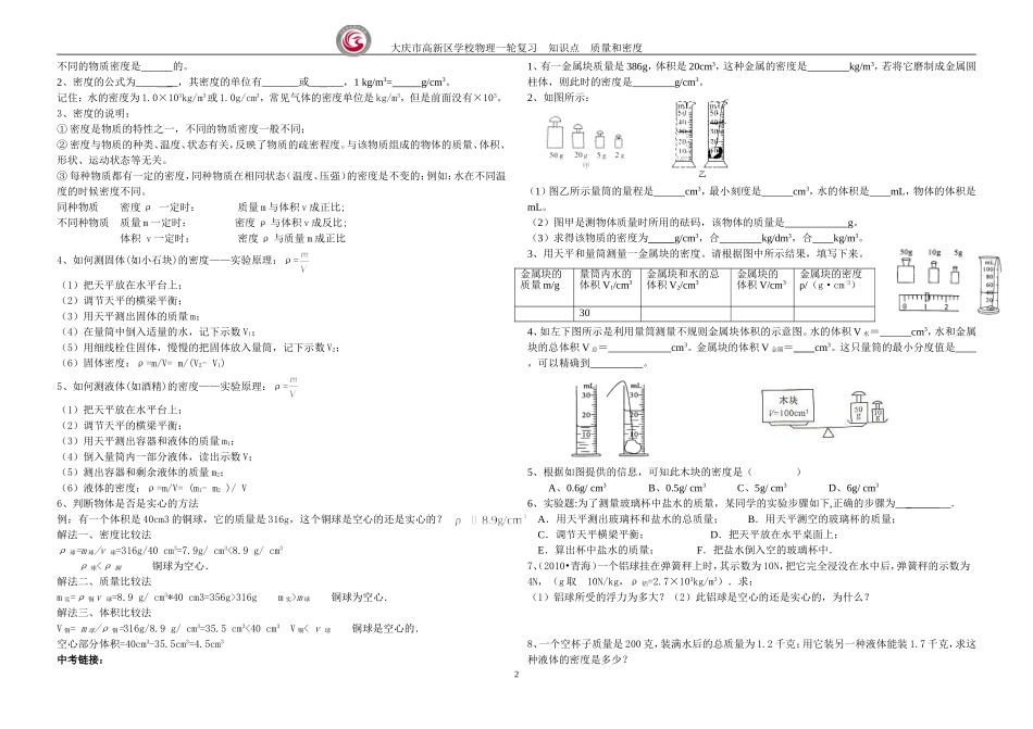 质量和密度一轮复习知识点_第2页