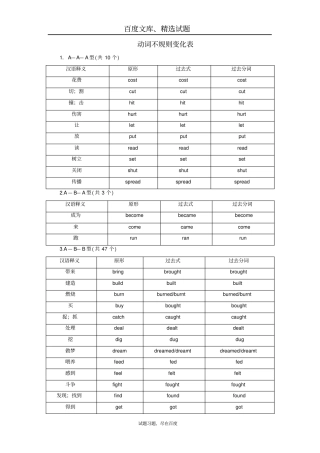 河南2019年中考英语总复习早读材料动词不规则变化表含答案