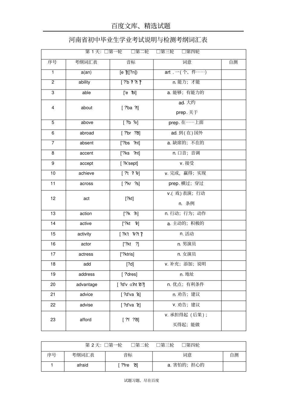 河南2019年中考英语总复习早读材料学业考试说明与检测词汇表含答案_第1页