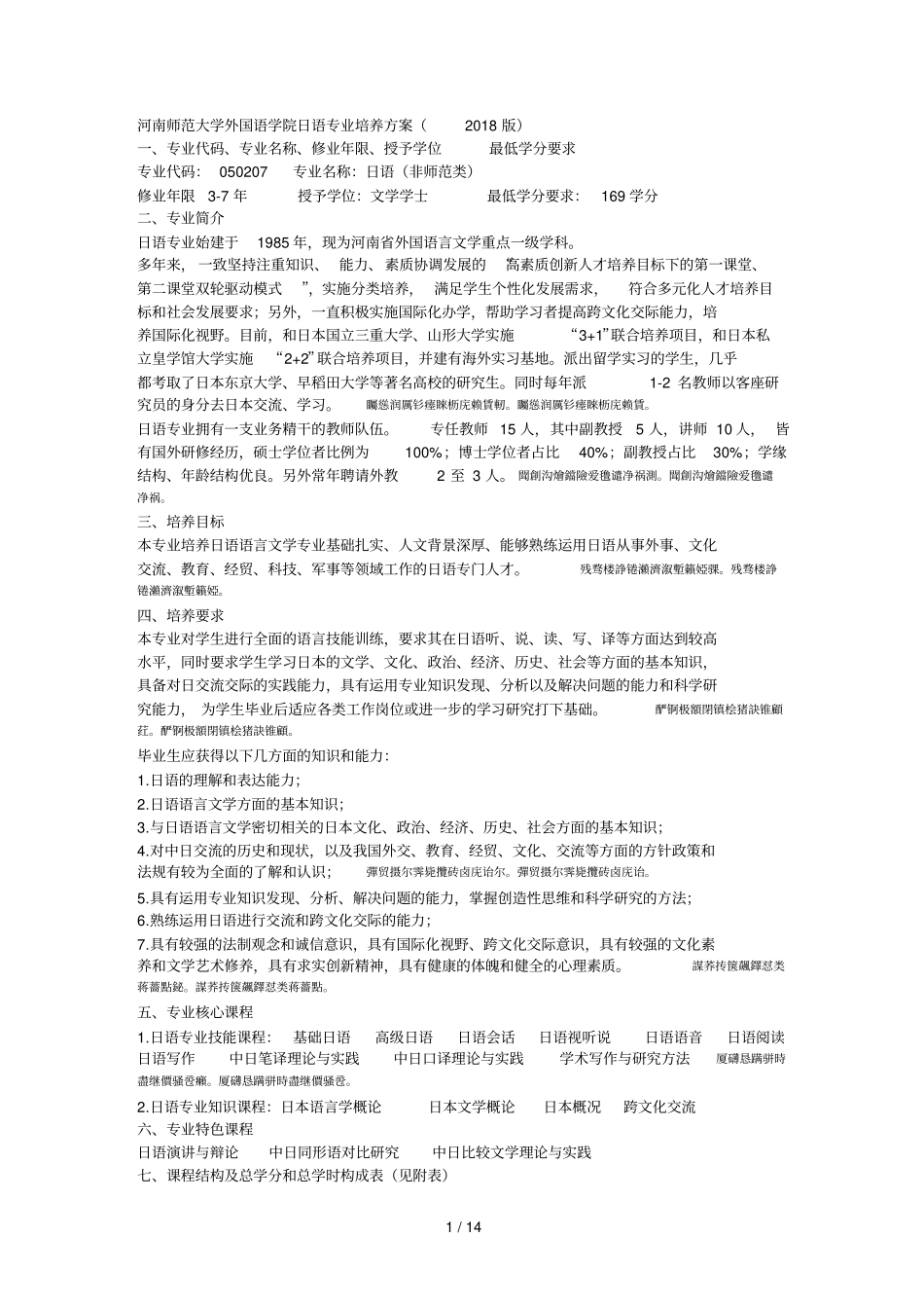 河南师范大学外国语学院日语专业培养方案2018版_第1页