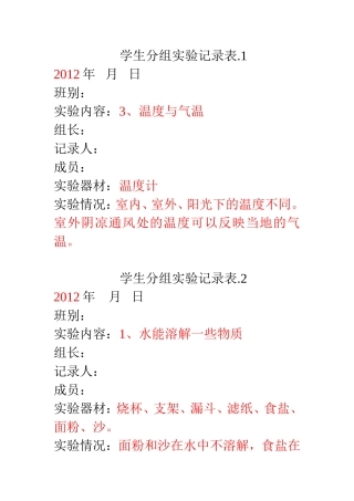 学生分组实验记录表
