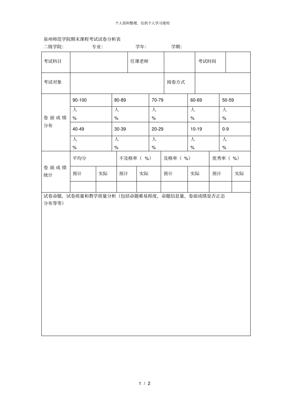泉州师范学院期末课程考试试卷分析表001_第1页