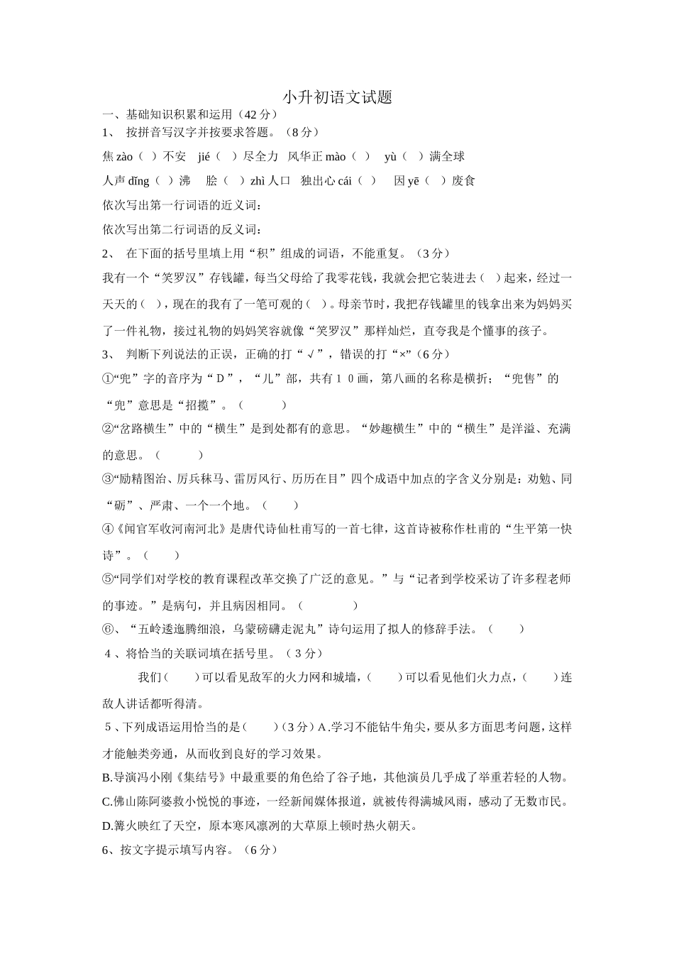 小升初语文试题_第1页