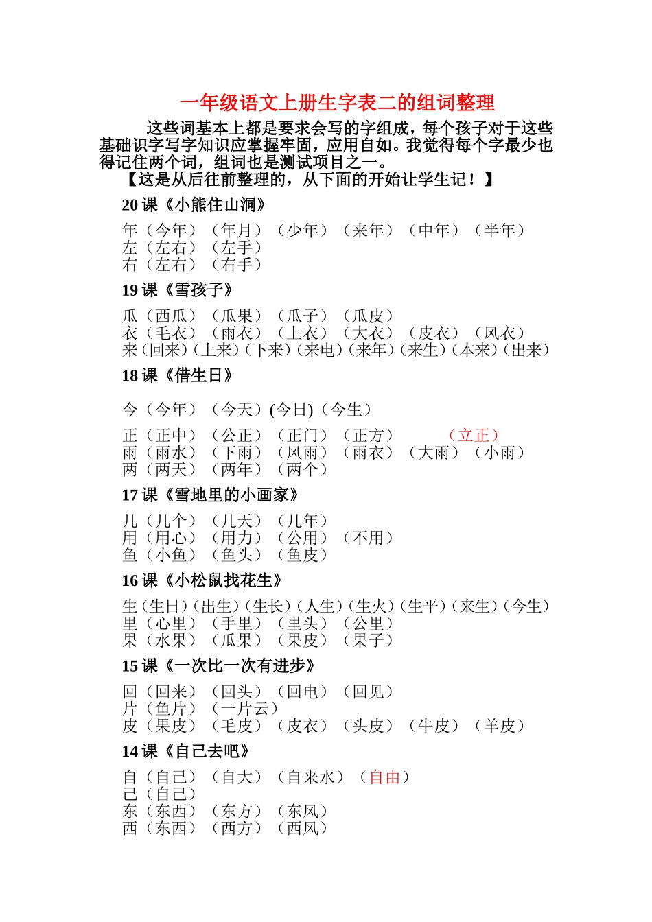 一年级语文上册生字表二的组词整理_第1页