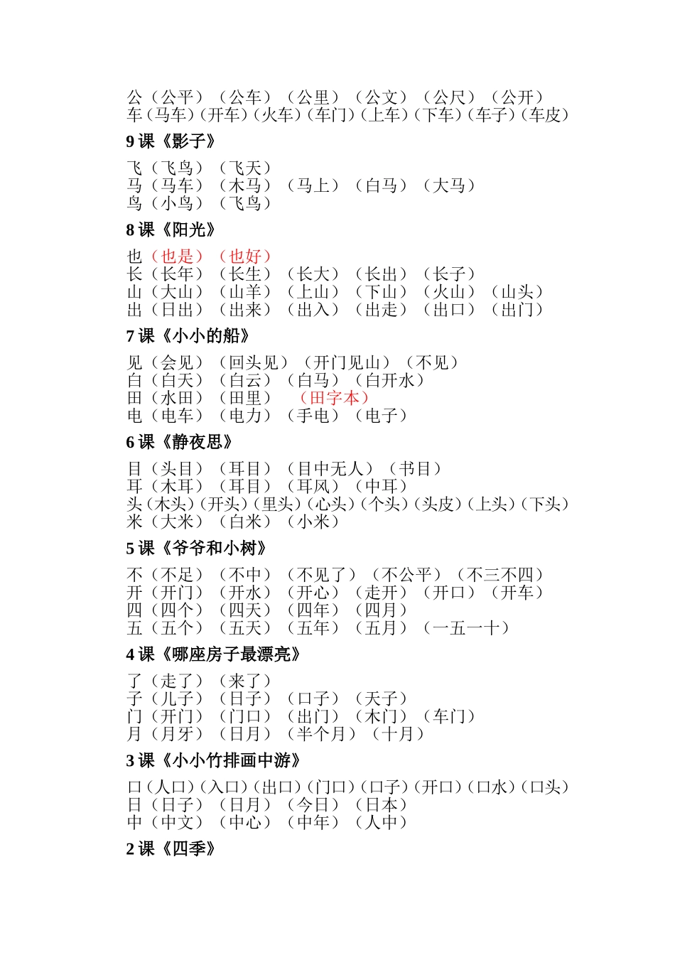一年级语文上册生字表二的组词整理_第3页