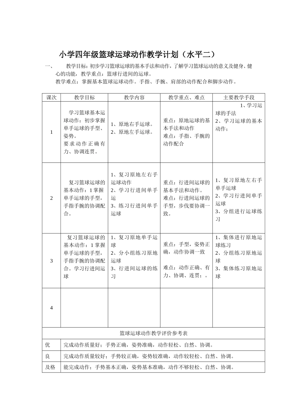 小学4年级篮球教学计划（水平二）_第1页