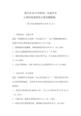 重庆市50中学初二学生心理调查问卷开放性问题主要调查数据