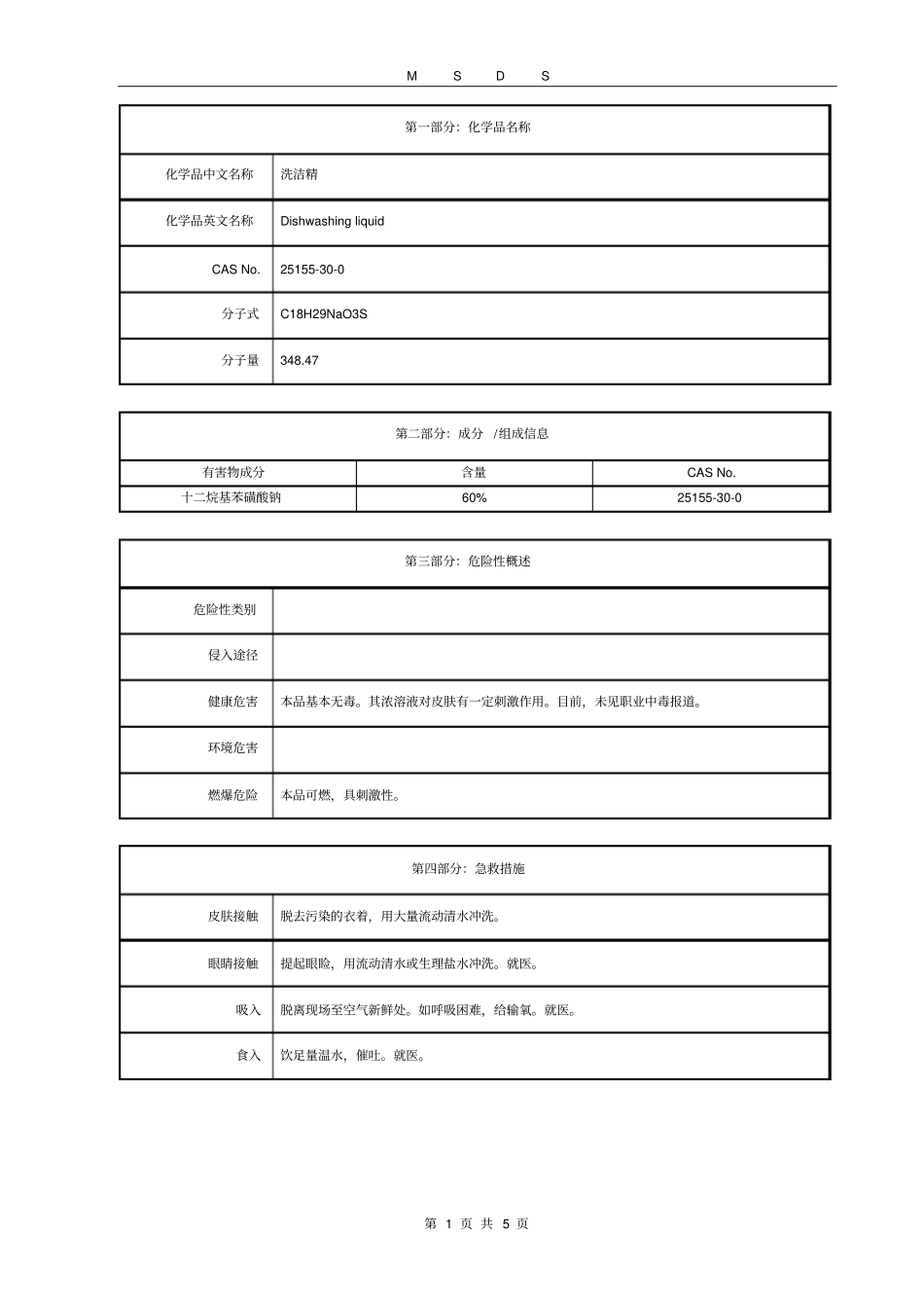 洗洁精-MSDS_第1页