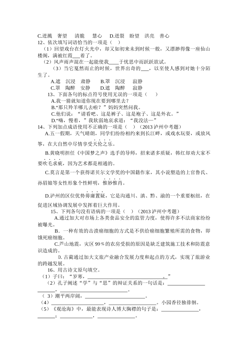 九年级中考总复习教材知识梳理七年级语文训练题_第3页