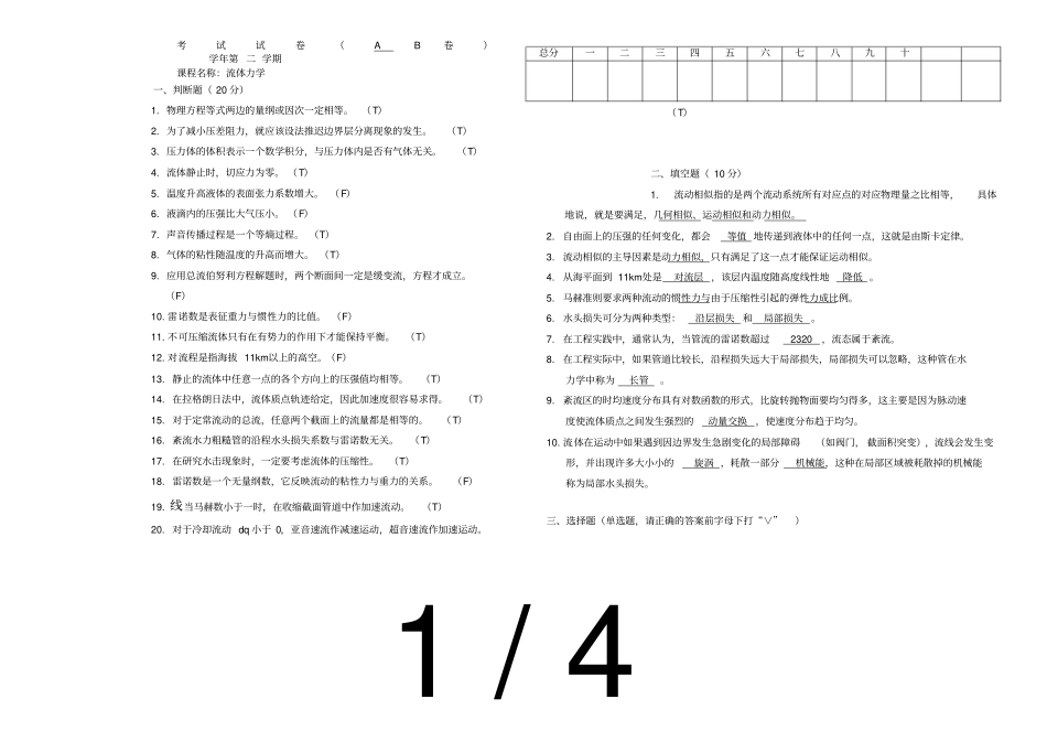 流体力学试题及参考答案_第1页