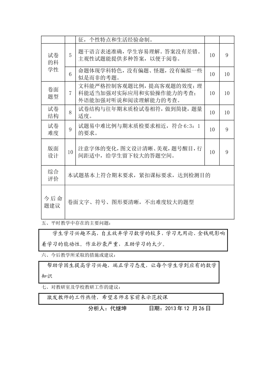 2013年冬中学期末质检质量分析表_第2页