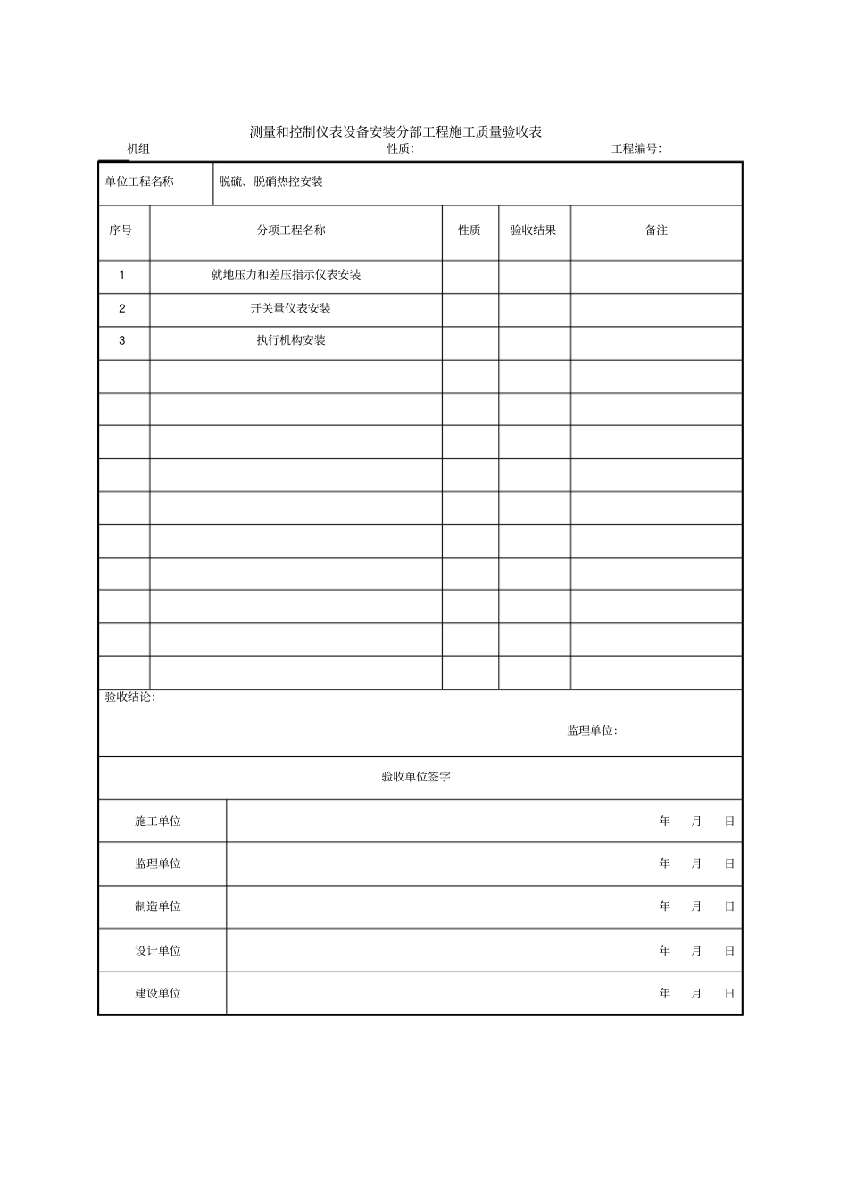 测量和控制仪表设备安装分部工程施工质量验收表_第1页