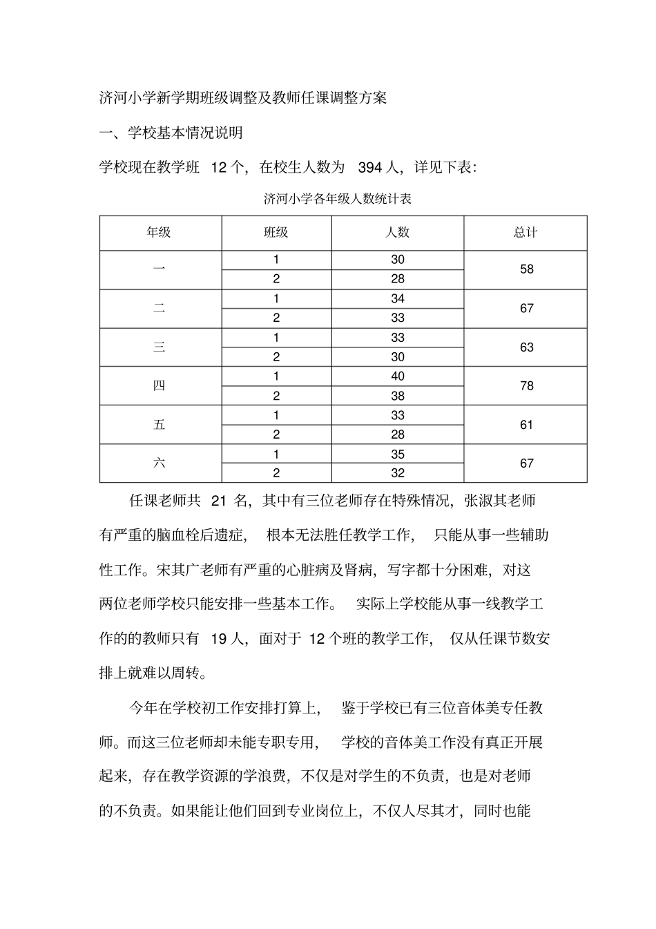 济河小学新学期班级调整及教师任课调整方案_第1页
