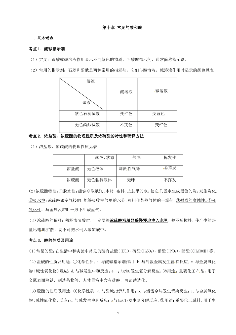 中考化学第一轮复习考点分析：常见的酸和碱_第1页