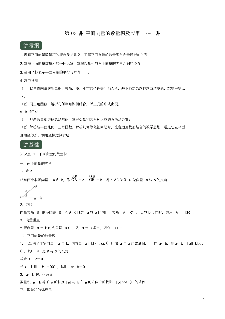 浙江专用2020年高考数学一轮复习讲练测专题3平面向量的数量积及应用讲含解析_第1页