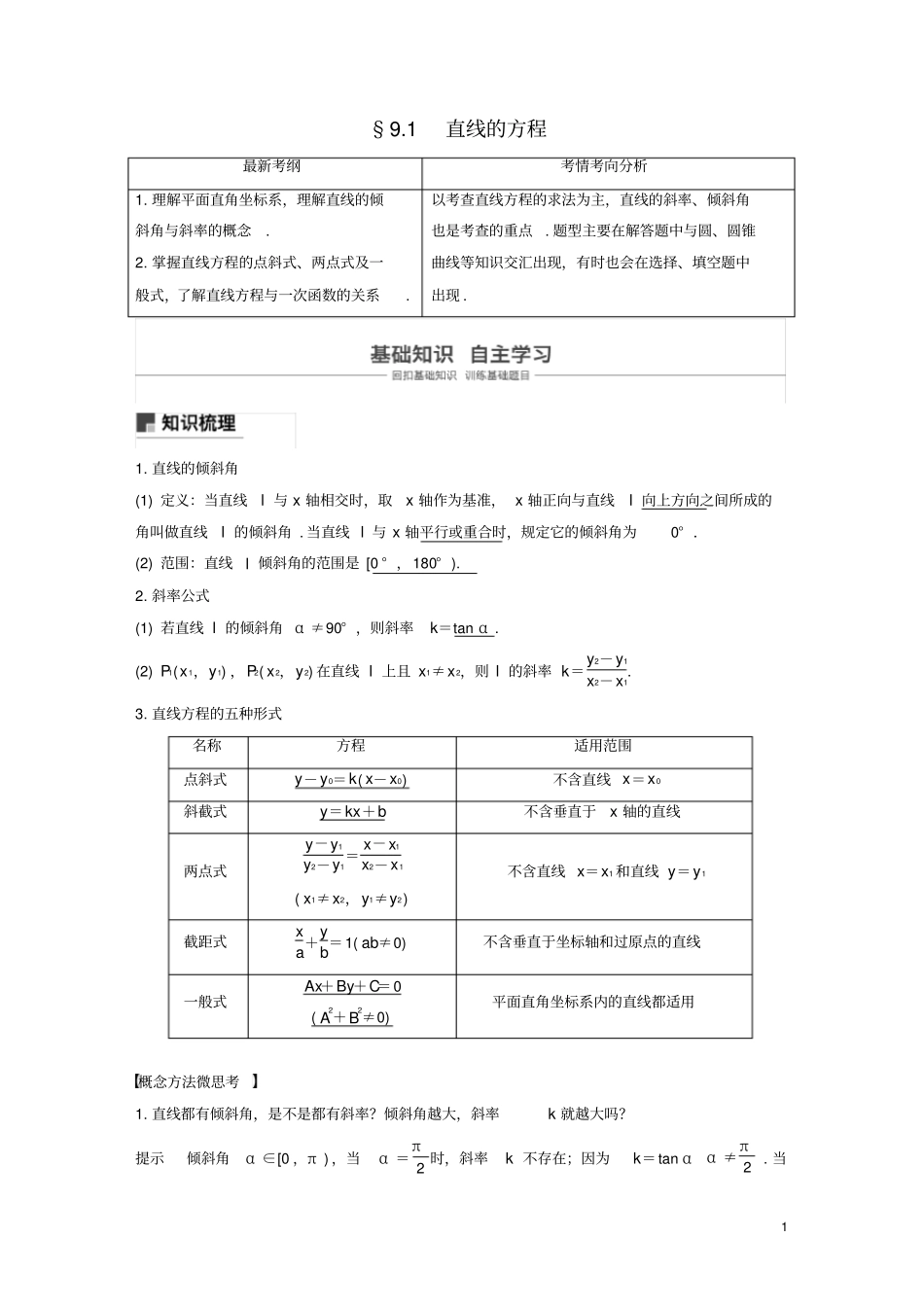 浙江专用2020版高考数学新增分大一轮复习平面解析几何91直线的方程讲义含解析_第1页