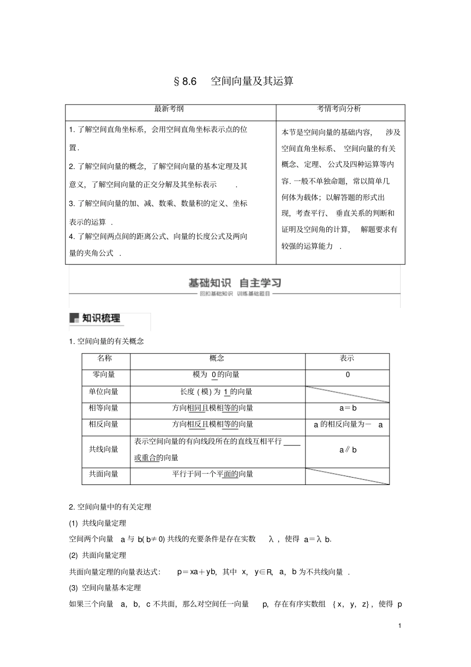 浙江专用2020版高考数学新增分大一轮复习立体几何与空间向量86空间向量及其运算讲义含解析_第1页