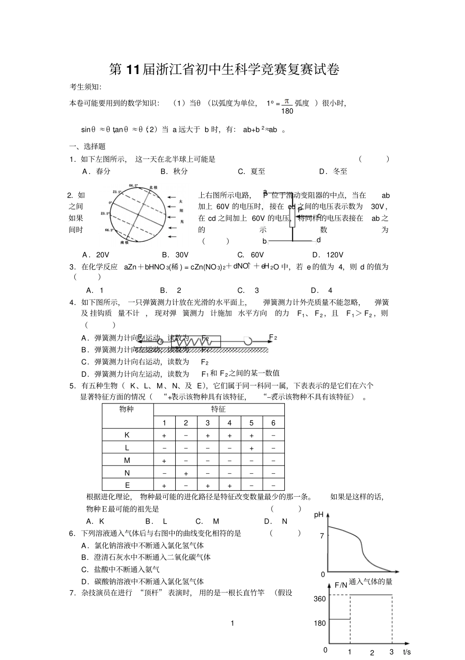浙江第11届初中生科学复赛试卷及答案参考资料_第1页
